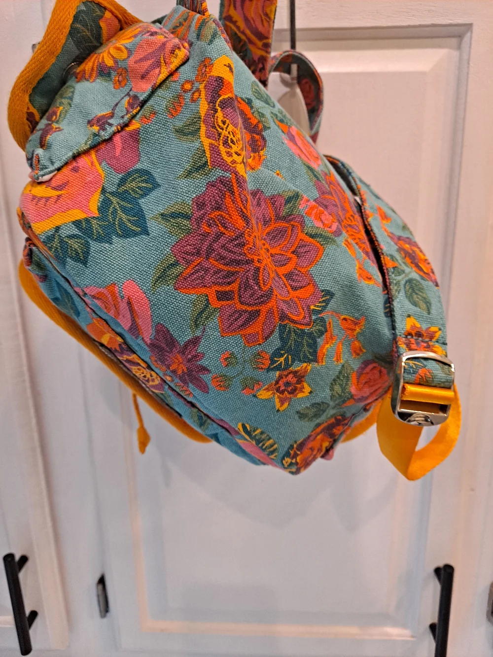 Matilda Jane Floral & Polka Dot Mini Backpack Pink Teal Yellow Book Ruffle Motif